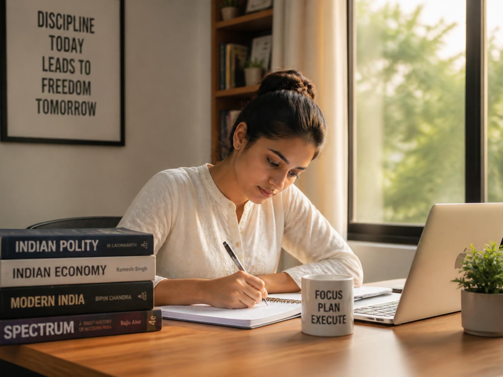 Focused female UPSC aspirant studying with books and laptop
